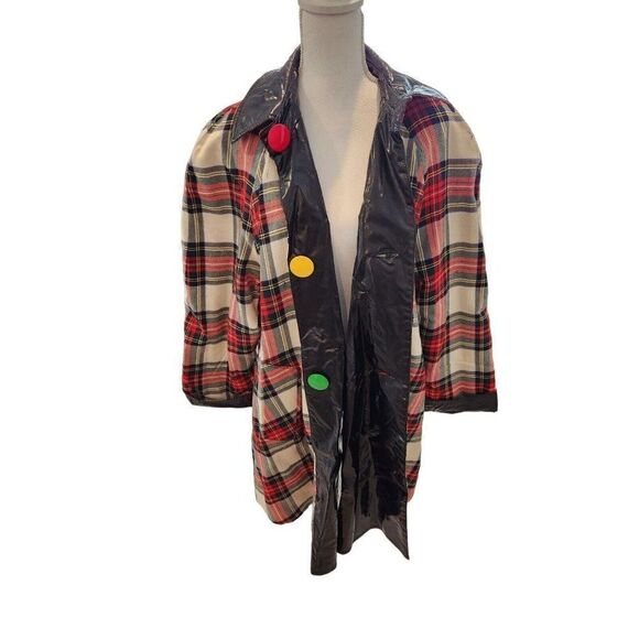 Vintage Mod Red White Plaid Reversible Patent Vinyl Raincoat Wool Swing Coat - Picture 2 of 13